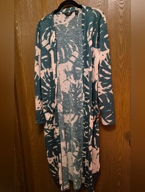 New G By GIULIANA Long Open Front Cardigan/Duster W/ Green & Blush Palm Print M